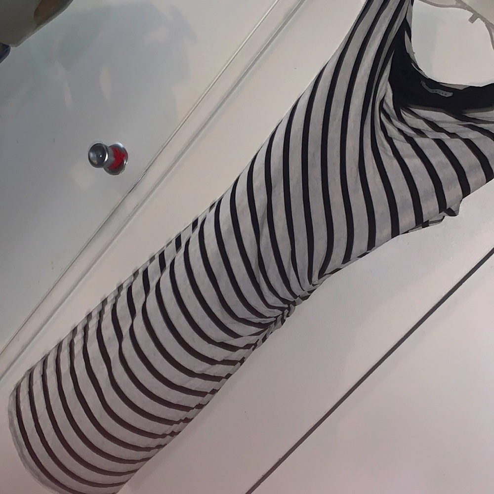 Red Haute black and gray striped dress.
